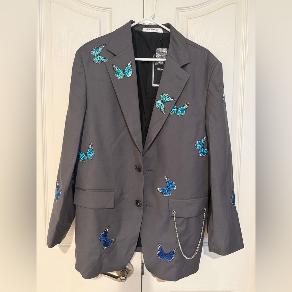 I3DE MARZO Paris Butterfly Embroidered Blazer Women’s Size M Gray Chain Detail